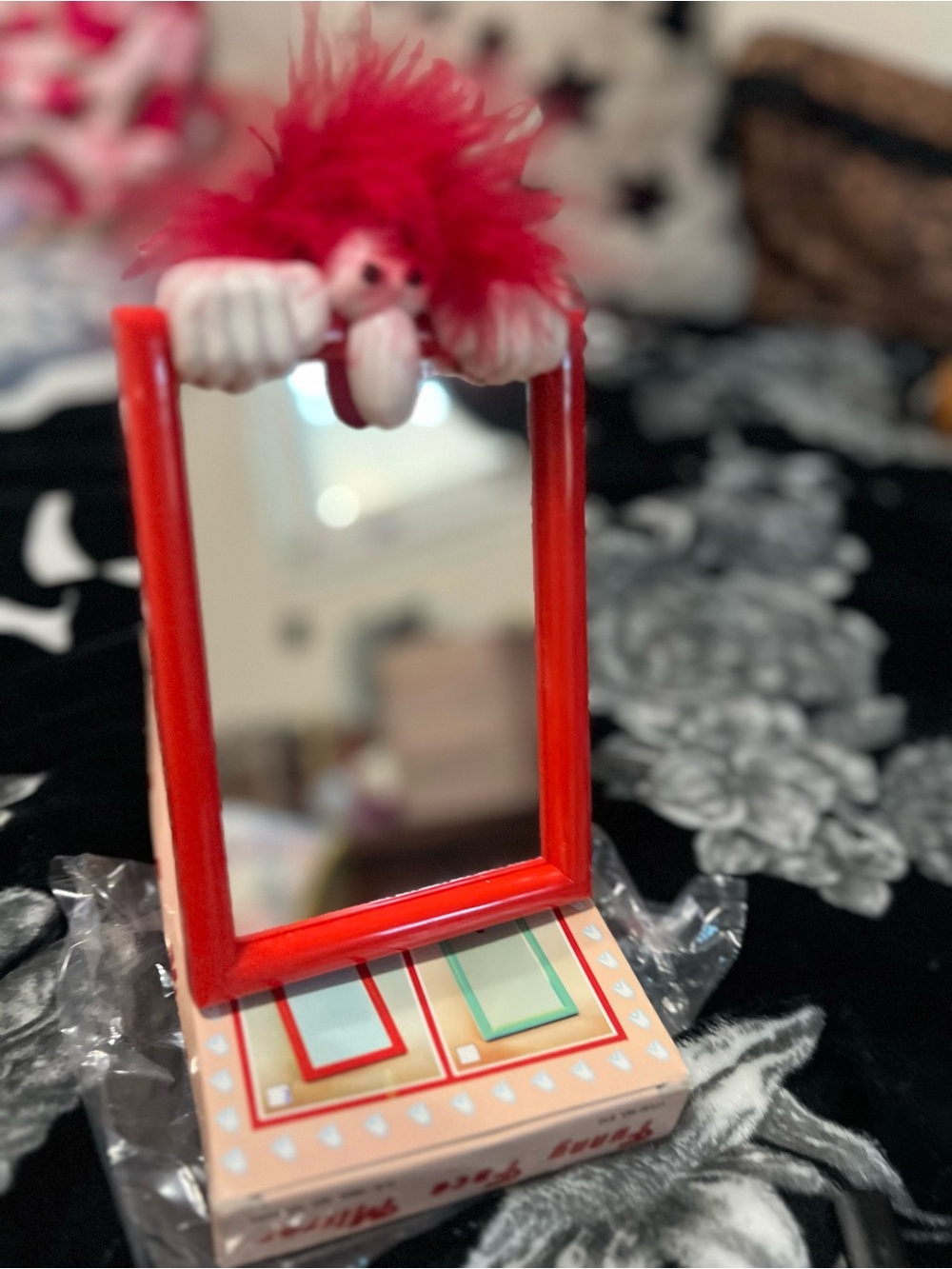 Red Tabletop Mirror with Pink Fuzzy Topper
